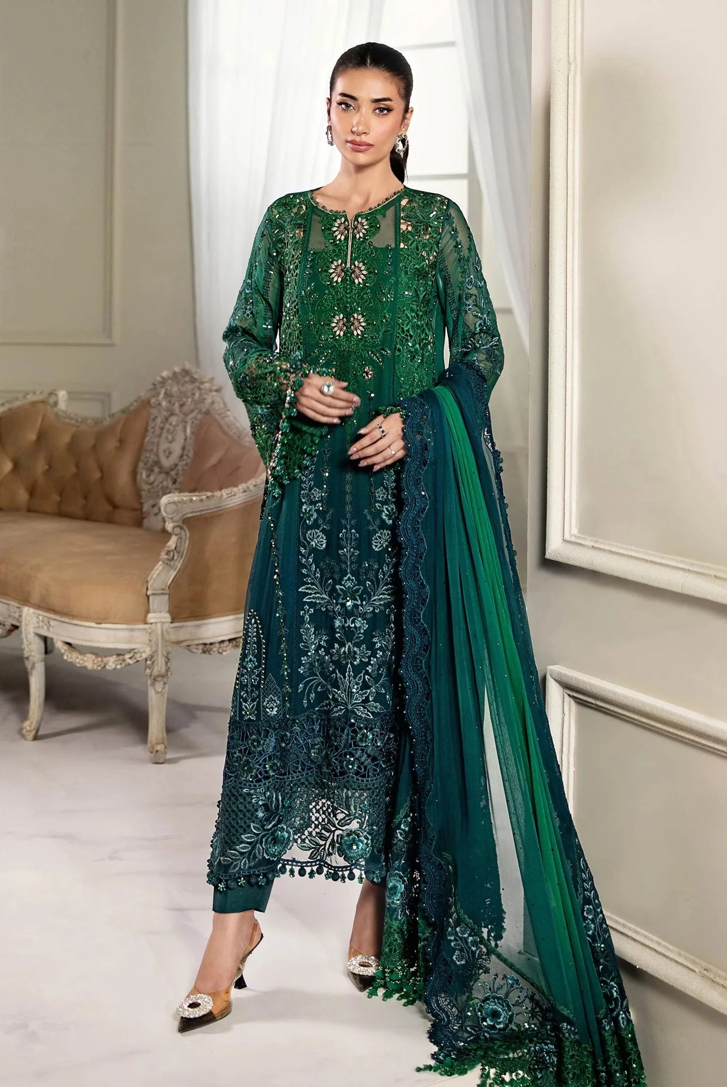 Maria.B Luxury Chiffon Embroidered Emerald Green