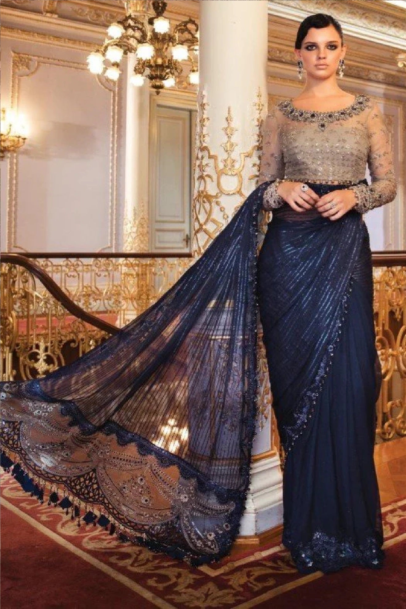 Maria.B Mbroidered cobalt blue saree