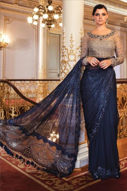 Maria.B Mbroidered cobalt blue saree