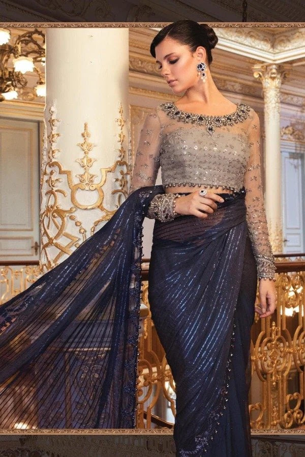 Maria.B Mbroidered cobalt blue saree