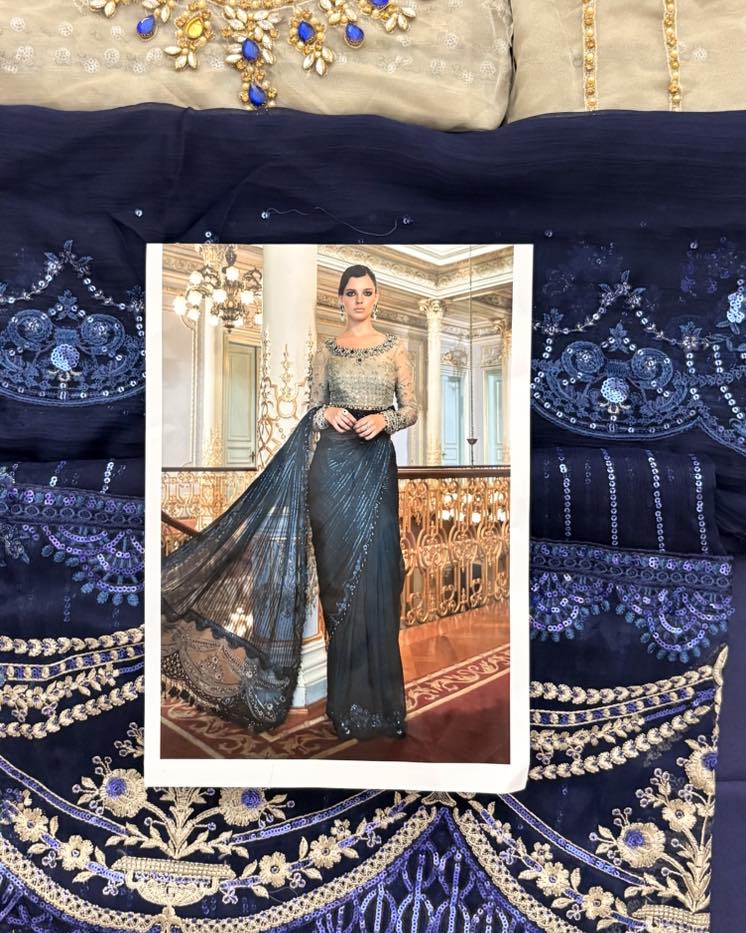 Maria.B Mbroidered cobalt blue saree